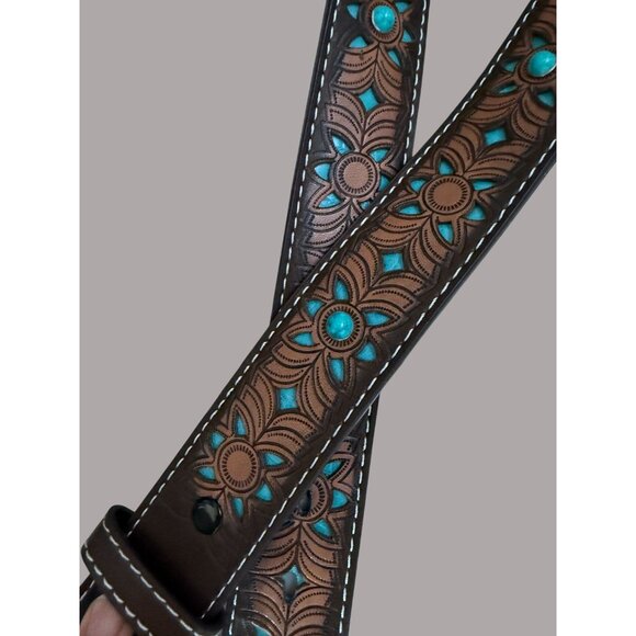 Western Floral Tooled Leather Belt With Turquoise Accents & Silver Buckle - Unis - Picture 7 of 7